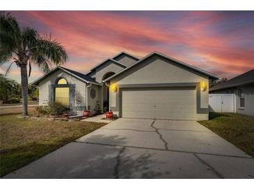 Charming single-story home boasts a two-car garage, lovely landscaping, and a beautiful sunset backdrop at 31935 Brookstone Dr, Wesley Chapel, FL 33545