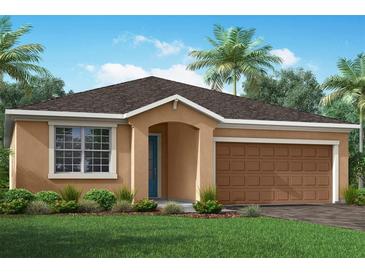One-story home with brown garage door and teal front door at 5025 124Th E Ave, Parrish, FL 34219