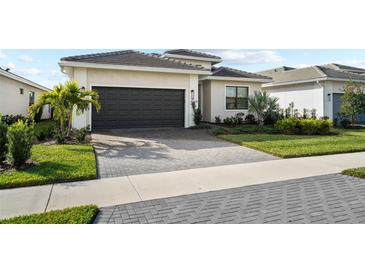 Well maintained home showcasing a dark gray garage door, and lush landscaping at 17702 Cresswind Ter, Bradenton, FL 34211