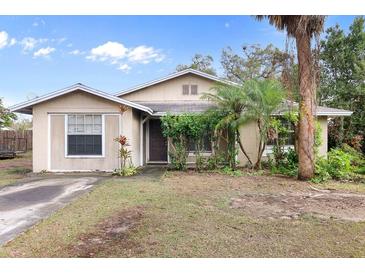 Tan single-story house with a small front yard and palm trees at 911 Kirkcaldy Way, Valrico, FL 33594