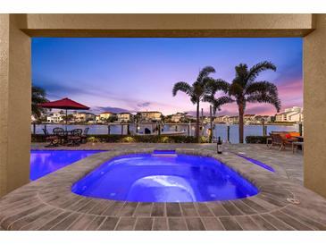 Beautiful waterfront pool and spa area with tropical landscaping and stunning sunset views over the water at 6015 Kipps Colony E Dr, Gulfport, FL 33707