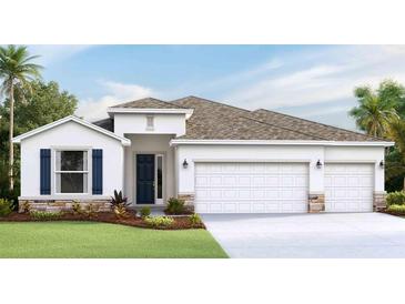 White two-story house with dark blue door and three-car garage at 16813 Harvest Moon Way, Lakewood Ranch, FL 34211