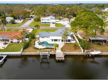 Aerial view of waterfront home with pool, dock, and lush landscaping on a sunny day at 5321 Dover Ne St, St Petersburg, FL 33703