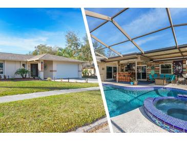 Well-maintained single-story home with a two-car garage, lush lawn, and a screened-in pool and outdoor kitchen at 2109 Elmwood Ct, Plant City, FL 33563