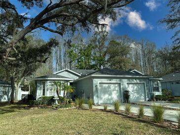 Charming single-story home with a two-car garage, landscaped yard, and mature trees offering shade and curb appeal at 12411 Cavalier Ct, Hudson, FL 34669