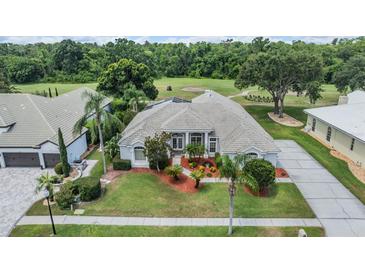 Beautiful one-story home with a manicured front lawn, lush landscaping, and a nearby golf course view at 394 Tall Oak Trl, Tarpon Springs, FL 34688