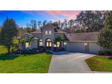 Stunning exterior of a custom home with lush landscaping, a three-car garage, and a circular driveway at 2664 Keystone Springs Rd, Tarpon Springs, FL 34688