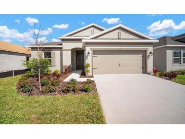 Charming single-Gathering home featuring a manicured lawn, a two-car garage and well-maintained landscaping at 6212 Broad Field Ave, Apollo Beach, FL 33572