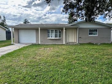 Charming single-story home with a well-manicured lawn, attached garage, and inviting entryway at 3341 Wiltshire Dr, Holiday, FL 34691