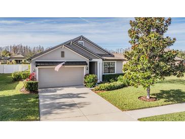 Charming single-story home featuring well-manicured lawn and attached two-car garage at 19724 Post Island Loop, Land O Lakes, FL 34638