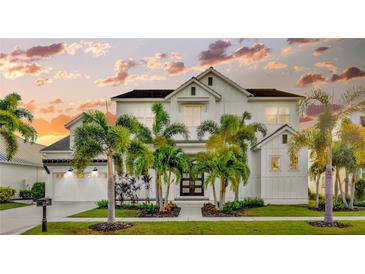 Beautiful two-story white home with a black roof and lush landscaping including mature palm trees at 615 Mirabay Blvd, Apollo Beach, FL 33572