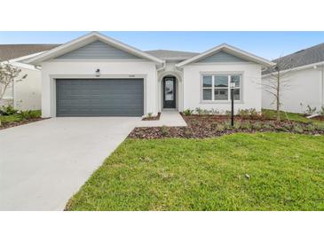 Charming single-Gathering home featuring a well-manicured lawn, gray garage door, and light gray accents at 11341 Hardwood Hammock Ln, Riverview, FL 33569