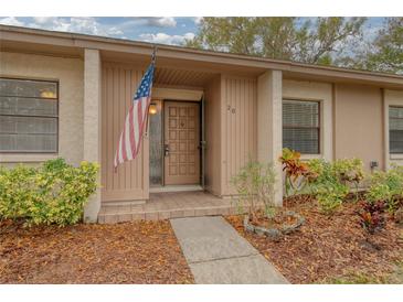 Charming front entrance to the home features an American flag, neat landscaping, and a welcoming front door at 20 Sylvia Pl, Oldsmar, FL 34677