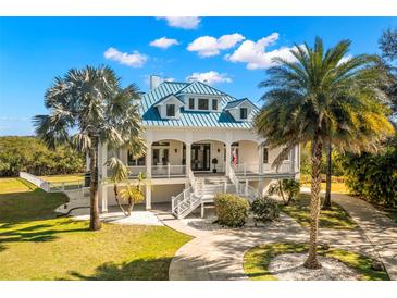 Stunning two-story home with white facade, blue roof, and tropical landscaping at 6785 Burning Tree Dr, Seminole, FL 33777