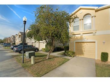 Charming townhome featuring a private garage and beautifully landscaped front yard at 9111 Moonlit Meadows Loop, Riverview, FL 33578