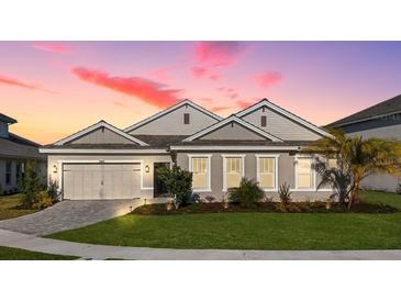 Charming single-story home showcasing manicured landscaping and an attached two-car garage at 33843 Galley Way, Wesley Chapel, FL 33543