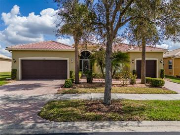 Charming one-story home with a two-car garage, mature trees, and well-maintained landscaping at 16206 Diamond Bay Dr, Wimauma, FL 33598