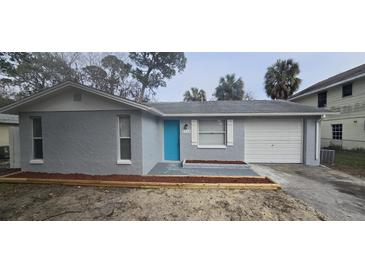 Charming single-story home featuring a vibrant blue front door and well-maintained landscaping at 8138 Papaya St, Port Richey, FL 34668