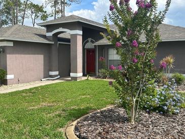 Charming single-story home featuring a well-manicured lawn, a decorative red front door, and mature landscaping at 11138 Brooklawn Dr, Hudson, FL 34667