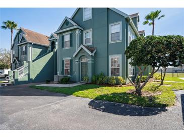 Two-story condo featuring a blue-green exterior, well-maintained landscaping and private entrance at 10512 White Lake Ct, Tampa, FL 33626