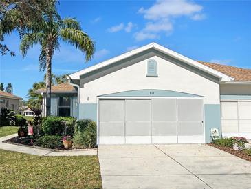 Charming single-story home with a well-manicured lawn and a beautiful palm tree in the front yard at 1219 Huntington Greens Dr, Sun City Center, FL 33573