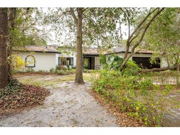 A charming single-story home with a white exterior, black trim, and a beautiful drought-tolerant landscaped yard at 29318 Whipporwill Ln, Wesley Chapel, FL 33543