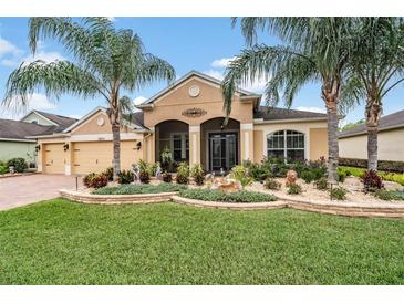 Charming home featuring lush landscaping, including palm trees, a well-manicured lawn, and tasteful garden decor at 29500 Blackwolf Run Loop, San Antonio, FL 33576