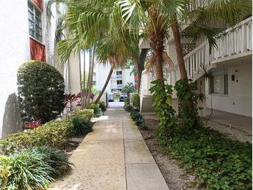 A walkway leads through the landscaped grounds and lush greenery of the community at 2630 Pearce Dr # 103, Clearwater, FL 33764
