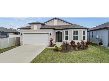 Charming single-Gathering home featuring a manicured lawn, two-car garage, and an inviting entrance at 9588 Ibis Grove Blvd, Wesley Chapel, FL 33545