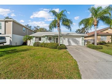 Charming single-story home with a well-manicured lawn and mature palm trees enhancing its curb appeal at 45 Gulfwinds W Dr, Palm Harbor, FL 34683