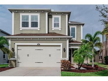 Charming two-story home featuring a two-car garage, landscaped front yard, and neutral stucco exterior at 29011 Trevi Pl, Wesley Chapel, FL 33543