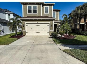 Charming two-story home featuring a two-car garage and tropical landscaping at 29011 Trevi Pl, Wesley Chapel, FL 33543