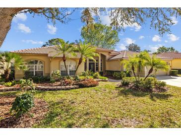 Beautiful home with a well-manicured lawn, lush tropical landscaping, and a red tile roof on a sunny day at 1213 Halifax Ct, Tarpon Springs, FL 34688