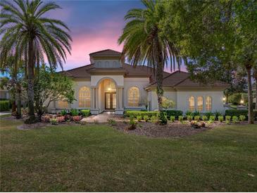 Elegant estate home featuring lush landscaping, mature palm trees, and a tile roof at 33818 Americana Ave, Dade City, FL 33525