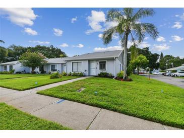 Charming single-story home with a well-manicured lawn and a beautiful palm tree in a tranquil neighborhood at 211 Somerset Cirle N, Dunedin, FL 34698