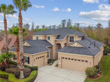 Sprawling two-story home featuring a three car garage, well-manicured landscaping, and neutral colors at 3339 Diamond Falls Cir, Land O Lakes, FL 34638