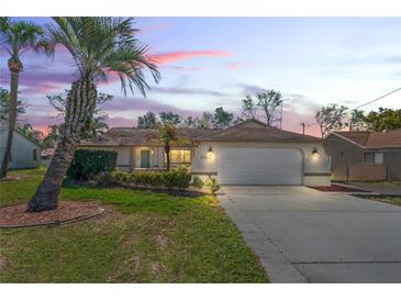 Charming single-story home featuring a well-manicured lawn, mature palm trees, and a two-car garage at 13112 Groveland St, Spring Hill, FL 34609
