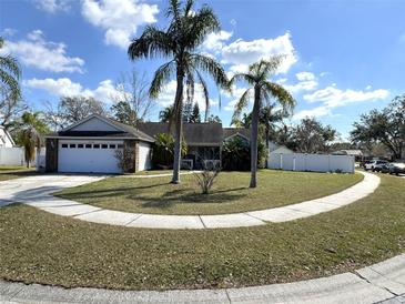 Charming single-story home with well-manicured lawn and mature palm trees enhancing curb appeal at 2218 Egret Walk Ct, New Port Richey, FL 34655