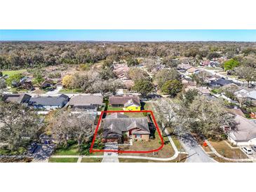 An aerial view of a single Gathering home, with mature landscaping and a neatly maintained lawn at 3014 Starmount Dr, Valrico, FL 33596