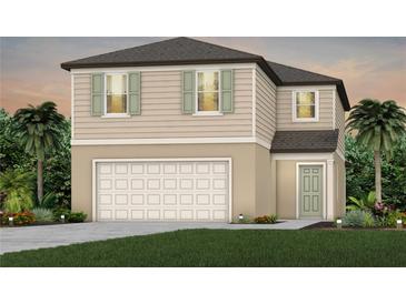 Two-story home featuring a two-car garage, a well-manicured lawn, and a neutral color scheme at 10406 Cross River Trl, Parrish, FL 34219