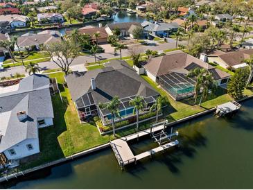 Waterfront home featuring a private boat dock and lift with an enclosed pool area surrounded by palm trees at 5815 Dory Way, Tampa, FL 33615