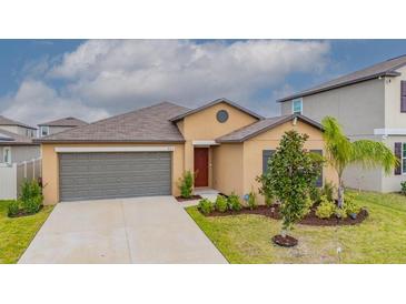 Tan single-Gathering home featuring a two-car garage, neutral landscaping, and a well-manicured lawn at 9313 Channing Hill Dr, Ruskin, FL 33573