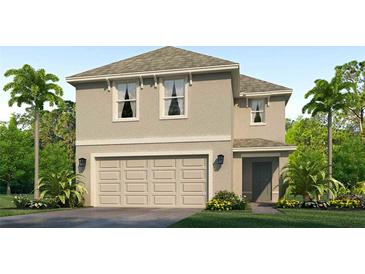 Two-story home featuring a neutral color, a two-car garage, and tropical landscaping at 3827 Turning Tides Ter, Bradenton, FL 34208