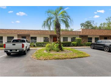 Condo complex featuring a central palm tree, landscaping, and ample parking at 6141 Chesham Dr # 7, New Port Richey, FL 34653