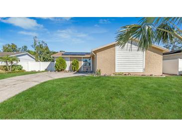 Charming home featuring a well-manicured lawn, solar panels, desert landscaping, and a welcoming entrance at 13826 Pathfinder Dr, Tampa, FL 33625