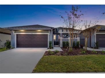 Charming home featuring a two-car garage, landscaped yard, and an inviting entryway at dusk at 219 Villa Luna Ln, Lutz, FL 33549