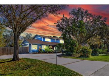 Charming blue two-story home with a long driveway and lush landscaping and mature trees at sunset at 1975 Levine Ln, Clearwater, FL 33760