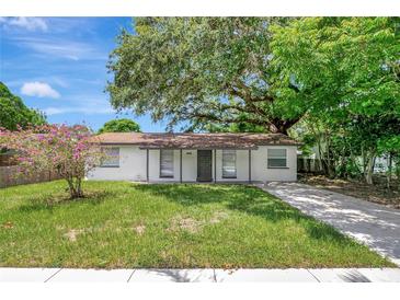 Charming single-story home featuring a lush front yard and a classic concrete driveway at 1032 Jadewood Ave, Clearwater, FL 33759