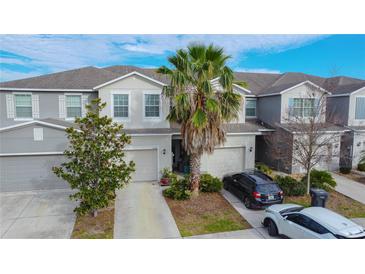 Charming townhome showcasing a well-manicured lawn, mature trees, and an inviting two-car garage at 10518 Lake Montauk Dr, Riverview, FL 33578