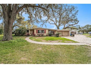 Charming single-story home with mature trees, walkway, and attached two-car garage at 13141 Lewis Gallagher Rd, Dover, FL 33527